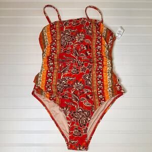 Cupshe Women’s One-Piece Swimsuit L Red Paisley Floral Square Neck Cutout Retro